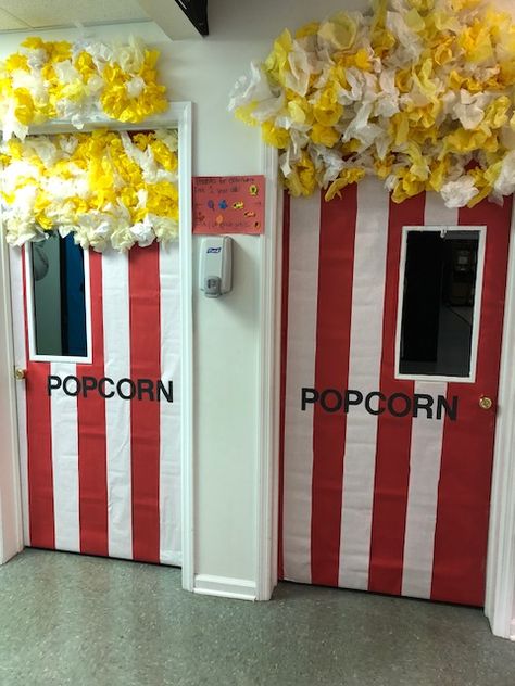 Movie Vbs Decorations, Carnival Theme Door Decorations, Circus Office Decoration, Carnival Food Decorations, Shine Vbs 2024 Crafts, Carnival School Decorations, Vbs Movie Theme, Movie Themed Vbs, Celebrate The Savior Vbs Decorations