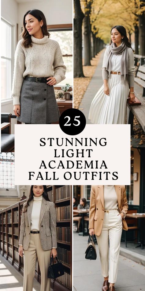 Light Academia Fall Outfits Light Colored Wardrobe, Light Colored Winter Outfits, Academic Winter Outfits, Light Academia Winter Outfits, Soft Autumn Office Outfits, Soft Autumn Fall Outfits, Cute Academia Outfits, Modern Vintage Fashion Outfits, Cozy Academia Outfit