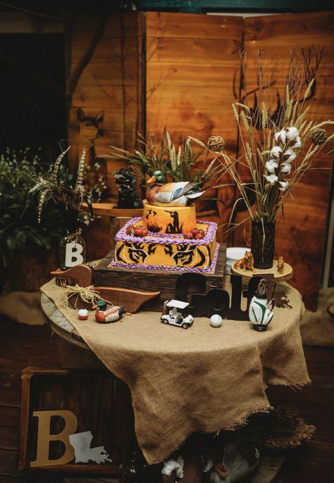 Lsu Grooms Table, Grooms Table Ideas Fishing, Hunting Grooms Table, Grooms Cake Table Ideas Display, Grooms Table Ideas Rustic, Grooms Table Ideas, Rehearsal Dinner Dessert Ideas, Grooms Cake Ideas, Grooms Cake Tables