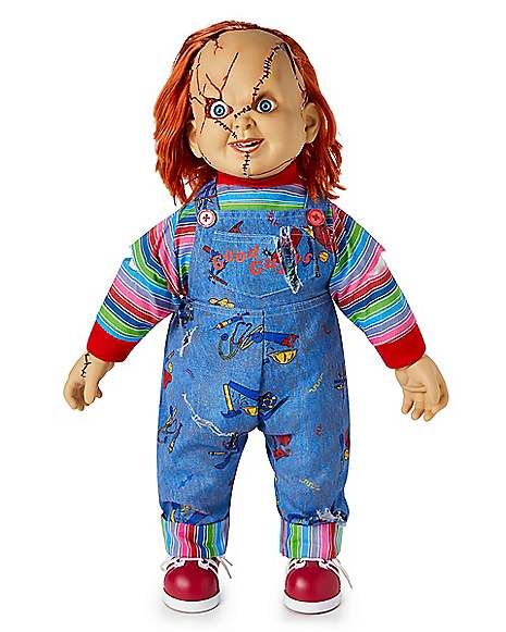 Chucky Doll - Spirithalloween.com Chucky Costume, Doll Base, Synthetic Hair Care, Halloween Bride, Creepy Kids, Chucky Doll, Movie Decor, Bride Of Chucky, Doll Play