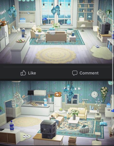 Living Room Ocean Theme, Acnh House Interior Blue, Acnh Underwater Room, Animal Crossing Beach House Interior, Acnh Interior, Fairy Island, Underwater Room, Games Room Inspiration, Beach Home Interiors