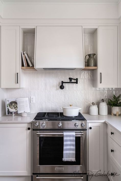 See our Instagram page: https://www.instagram.com/gatehousedesign/ Gatehouse Design, Vertical Backsplash, Pearl Backsplash, Craftsman Remodel, Modern Backsplash, Hood Vent, Modern Farmhouse Design, Building Homes, Small Shelves