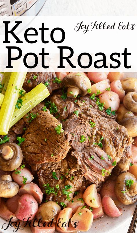 Keto Pot Roast - Low Carb, Gluten-Free, Grain-Free, THM S. This is my go-to recipe for making that comforting and fork-tender pot roast. I use low carb vegetables to replace starchy potatoes and no one minds! Savory roast paired with radishes and mushrooms makes one incredible dinner. #lowcarb #lowcarbrecipes #lowcarbdiet #keto #ketorecipes #ketodiet #thm #trimhealthymama #glutenfree #grainfree #glutenfreerecipes #recipes #instantpot #beef Roast Beef Dinner Sides, Keto Roast Beef, Keto Pot Roast, Keto Roast, Roast Beef Dinner, Chuck Roast Recipes, Low Carb Low Fat Recipes, Keto Beef Recipes, Best Low Carb Recipes