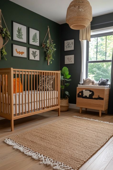 Some clever ideas for nursery rooms that will be perfect for lots of kids. Nursery With Fireplace, Nursery Mural Ideas Diy, Brown And Green Nursery, Nursery Ideas Neutral Modern, Neutral Color Nursery Ideas, Baby Room Design Colorful, Hippie Baby Nursery, Green Wall Nursery, Bright Nursery Ideas