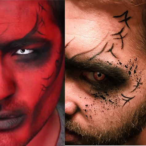 Inspired by Alex Faction’s look. I tried it on my bestie! Demon Devil Scary makeup look Mens Demon Makeup, Demon Halloween Costume Men, Male Demon Makeup, Wrath Makeup, Devil Makeup Men, Demon Costume Men, Demon Makeup Men, Wrath Costume, Devil Face Makeup