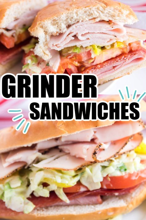 You have to try this Grinder Sandwich! This Italian Grinder Sandwich is loaded with ham, turkey, salami, pepperoni, a grinder salad, and cheese. Skip ordering from your favorite sandwich shop and stay in for this fully loaded sandwich recipe. Deli Sandwiches Recipes, Italian Grinder Sandwich, Loaded Sandwich, Grinder Sandwiches, Italian Sandwich Recipes, Italian Grinder, Grinder Salad, Turkey Lunch Meat, Grinder Sandwich