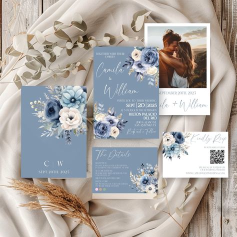 Dusty blue wedding invitations, Elegant Blue Wedding Invitation Suite, Floral Photo Wedding Invitation, Boho Wedding Invitation Qr Code Rsvp Add your own touch to this Light Blue Wedding Invitation Set that can be fully personalized and downloaded. It can be easily edited on Corjl using your phone, tablet or use a computer for advanced editing features.   SEE SIMILAR ITEMS LINK https://www.etsy.com/your/shops/me/tools/listings/section:49323870,stats:true Dusty blue Wedding Invitations, Elegant B Save The Date Ideas Wedding, Dusty Blue Country Wedding, Navy Blue And Dusty Blue Wedding, Blue Wedding Invitations Elegant, Rustic Blue Wedding, Wedding Invite Dusty Blue, Wedding Invitation Dusty Blue, Dusty Blue Elegant Wedding Invitation, Blue Boho Wedding