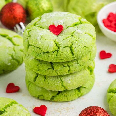 Grinch Crinkle Cookies Grinch Crackle Cookies, Grinch Crumbl Cookies, Grinch Butter Cookies, Grinch Crinkle Cookies Cake Mixes, Pistachio Crinkle Cookies, Grinch Baked Goods, 2025 Dessert, Grinch Crinkle Cookies, Grinch Christmas Cookies