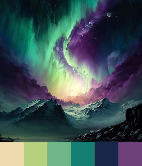 Gothic Colour Scheme, Home Decor Color Pallet Ideas, Aurora Colour Palette, Druid Color Palette, Temperature Color Palette, Witch Aesthetic Colour Palette, Color Palette Mystical, Glowing Color Palette, Scotland Color Palette