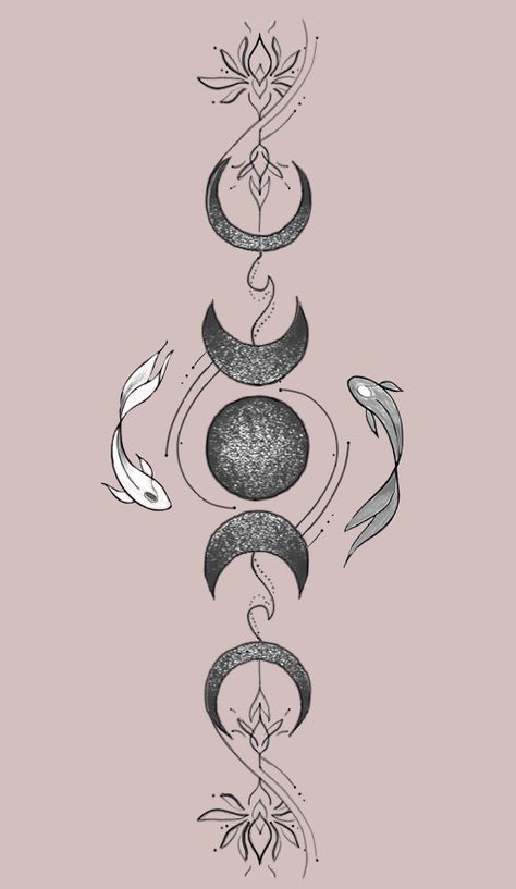 Updateof moon and lotus idea Moon And Flower Spine Tattoo, Lunar Back Tattoo, Luna Cycle Tattoo, Water Symbols Tattoo, Hecate Moon Tattoo, Moon Tattoo Designs For Women Back, Moon Phases Tattoo Circle, Moon Spine Tattoo Designs, Hand Tattoos Moon And Stars