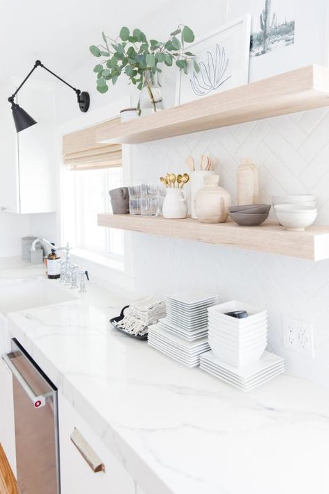 White Herringbone Backsplash, Flat Front Cabinets, Floating Kitchen Shelves, Herringbone Tile Backsplash, Shelves Wood, White Kitchen Backsplash, Herringbone Backsplash, Backsplash Tiles, Kitchen Backsplash Designs