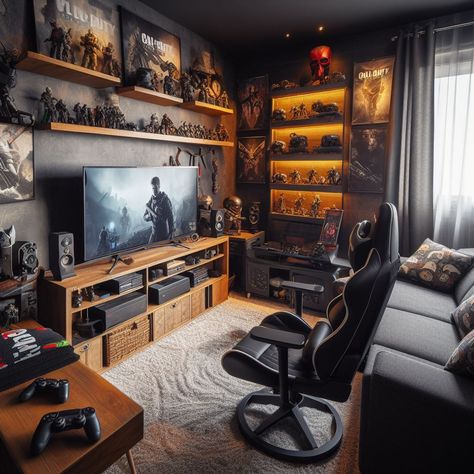 Rustic Gaming Room, Gaming Living Room Ideas, Console Setup, Small Room Setup, Games Room Inspiration, Gamer Bedroom, Gaming Rooms, Home Studio Setup, Video Game Room Design