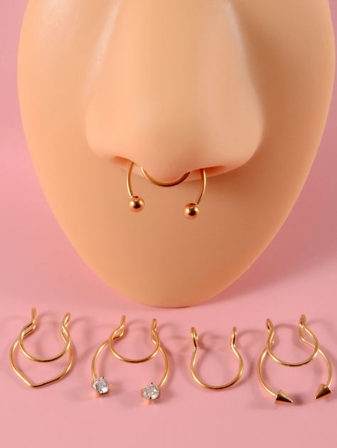 Gold Fashionable   Stainless Steel   Embellished   Jewelry Shein Fake Nose Rings, Halloween Nose Piercing, Dubai Essentials, Facial Jewelry, Piercing Facial, Punk Piercings, Facial Piercing, Clip On Nose Ring, Fake Nose Ring