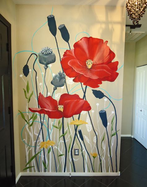 Poppy Mural Wall Art, Poppy Wall Mural, Poppy Mural, Personalized Flower Pot, Floral Mural, Colorful House, Interior Murals, Mural Artist, Flower Mural