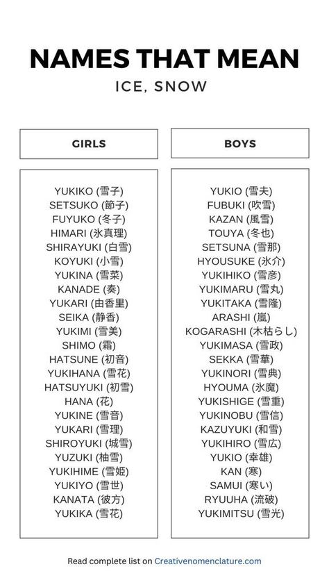 63 Japanese Names Meaning Ice, Snow - Creative Nomenclature Japanese Last Names For Characters, Last Japanese Names, Japanese First Names Female, Japanese Names For Men, Snow Related Names, Japanese Oc Names, Japanese Names That Mean Snow, Writing Name Ideas, Nicknames Japanese