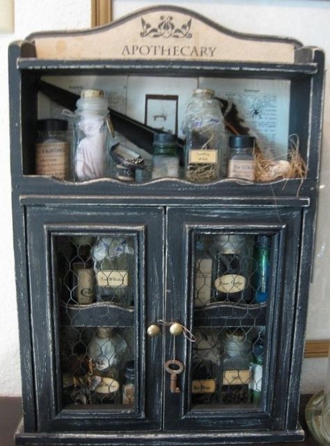 Hanging Curio Cabinets - Ideas on Foter Herbology Bathroom, Bathroom Beach Decor, Apothecary Bathroom, Apothecary Decor, Ideal Bedroom, Haunted Doll, Halloween Apothecary, Bathroom Beach, Spooky Halloween Party