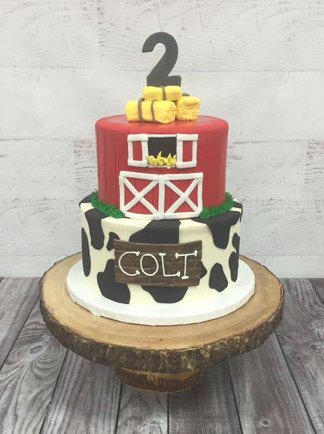 Farm cake with barn door Cow print cake Farm Theme Cake 2nd Birthday, Farm Animal 2nd Birthday Cake, Farm Theme First Birthday Cake, Old Mcdonald Birthday Party Cake, Moo Moo Im Two Birthday Cake, First Birthday Farm Cake, Oink Cluck Moo 2nd Birthday Cake, Barnyard Cake Ideas, Farm 2nd Birthday Cake