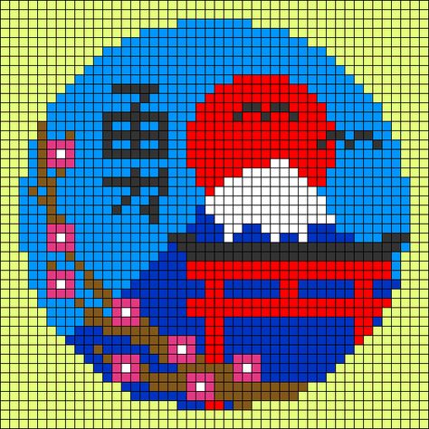 Chinese Pixel Art, Howls Moving Castle Alpha Pattern, Japan Pixel Art, Japanese Pixel Art, Pixel Art Japanese, Japan Landscape, Graph Crochet, Pixel Art Templates, Diy Perler Bead Crafts