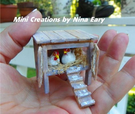 Miniature Chicken Coop, Mini Chicken Coop, Small Fairy Garden, Clay Chicken, Miniature Fairy House, Mini Cottage, Chicken Poop, Chicken Coup, Fairy Garden Crafts