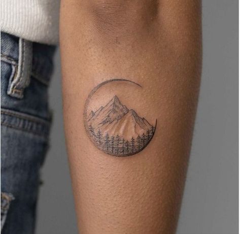 Simple Nature Tattoos, Moon And Trees, Outdoor Tattoo, Mountain Range Tattoo, Black Line Tattoo, Adventure Tattoo, Cute Simple Tattoos, Pumpkin Tattoo, Small Forearm Tattoos