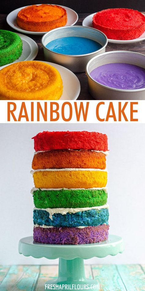 Rainbow Cake With Candy On Top, Rainbow Layer Cake Recipe, Small Rainbow Cake, Rainbow Cake Recipe From Scratch, Cake Birthday Simple, Simple Rainbow Cake, Rainbow Cake Birthday, Pride Birthday, Rainbow Layer Cake