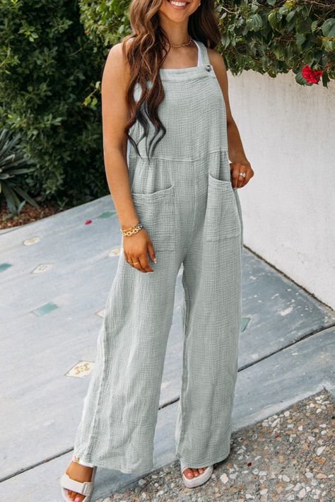 $10.5 Gray Textured Wide Leg Overall with Pockets Wholesale Loose Overalls, Pocket Jumpsuit, Solid Color Jumpsuits, Loose Jumpsuit, Weave Style, Pantalon Large, Look Casual, Casual Everyday, Outfit Casual