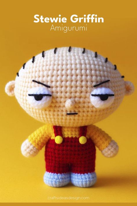 If you're a fan of Family Guy and love crocheting, this Stewie Griffin Amigurumi is the perfect project for you! With his iconic red overalls, yellow shirt, and mischievous expression, this handmade creation captures the essence of Stewie's character. Family Guy Stewie Icon, Family Guy Stewie, Red Overalls, Stewie Griffin, Charmed Characters, Yellow Shirt, Fun Crochet Projects, Yellow Shirts, Amigurumi Free