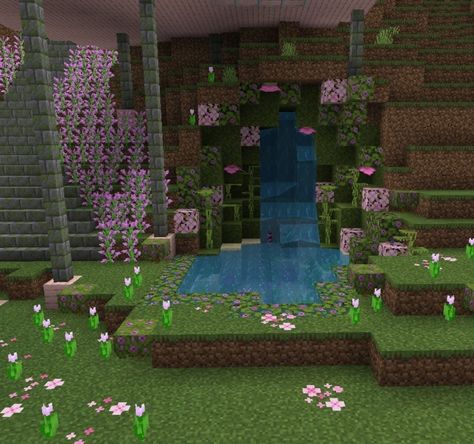 Minecraft Mini Waterfall Ideas, Ihascupquake Minecraft Oasis, Cute Underground Base Minecraft, Minecraft Mountain Waterfall, Small Waterfall Minecraft, Cherry Blossom Cave House Minecraft, Waterfall Minecraft Build, Minecraft Mermaid Cove, Waterfall In Minecraft