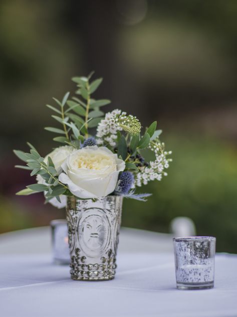 Cocktail Hour Flower Arrangements, Thistle Centerpiece Wedding, Blue Thistle Arrangement, Bud Vases White And Blue Flowers, Small Blue And White Flower Arrangements, Blue Thistle Centerpiece, White And Blue Flower Centerpieces, Beachy Floral Arrangements, Thistle Flower Arrangement