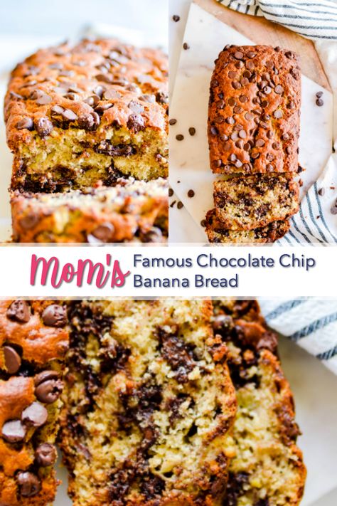 My mom's banana bread is full of chocolate chips and is SUPER soft and moist thanks to 4 whole bananas and a little bit of oil. It's the best! Chocolate Chip Banana Bread Recipe, Famous Chocolate, Moist Banana Bread, Easy Banana Bread Recipe, Chocolate Chip Banana, Best Banana Bread, Chocolate Chip Banana Bread, Sweet Rolls, Chocolate Chip Recipes