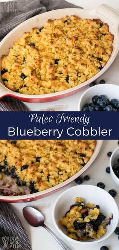 A super easy low carb blueberry cobbler recipe. The topping is made using gluten free coconut flour. Use fresh or frozen berries in this sugar free dessert. #paleo #sugarfree #blueberry #lowcarb #glutenfree #dairyfree | LowCarbYum.com Paleo Berry Cobbler, Low Carb Blueberry Cobbler, Paleo Blueberry Cobbler, Blueberry Cobbler Recipe, Low Carb Blueberry, Blueberry Desserts Recipes, Blueberry Cobbler Recipes, Portion Size, Berry Cobbler