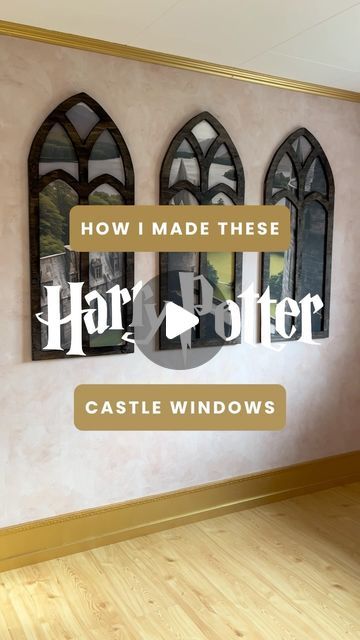 Jennifer | MAGICAL MISCHIEF ϟ - Harry Potter content creator on Instagram: "How I made my Hogwarts castle windows! 😍

The background is a photo wallpaper that I created by using the “create your own” function on @happywall_com ✨ I just uploaded my own AI photo and filled out the measurements, so easy!

Building the windows themselves took a bit longer though, but the hardest part was simply drawing the design. These windows are heavily inspired by the courtyard arches at Durham Cathedral, one of the Hogwarts film locations!

I’m so pleased with the result, they’re the highlight of the room! 😍⚡️ what do you think?

PS, let me know if you want a more detailed video of how I made the window arches! 

{gifted (wallpaper)}

#happywall #harrypotter #hogwarts #hogwartsismyhome #ravenclaw #harry Hogwarts Wall Mural Diy, Harry Potter Inspired Home Decor, Castle Window Aesthetic, Harry Potter Room Diy, Harry Potter Buildings, Hogwarts Window, Hogwarts Inspired Room, Diy Harry Potter Gifts, Harry Potter Harry Potter Wallpaper