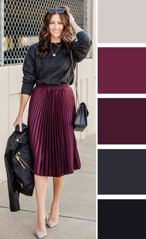 Deep Autumn Style Outfit, Plum Skirt Outfit, Jewel Tone Outfits Fall, Jewel Tone Outfits Casual, Winter Palette Outfits, Fall Color Outfits, Skirt Outfit Fall, Deep Winter Colors, Colour Combinations Fashion