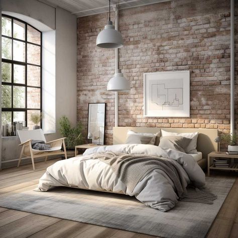 Rustic Scandinavian Living Room, Industrial Interior Bedroom, Bedroom Accent Wall Ideas, Bedroom Accent Wall, Industrial Style Bedroom, Industrial Scandinavian, Industrial Design Style, Brick Interior Wall, Accent Wall Ideas