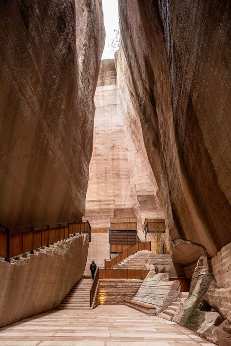 Cave Inspired Architecture, Book Mountain, Landscape Building, Mountain Architecture, Dna Design, Stone Quarry, Stone Stairs, Flat Stone, Stone Architecture