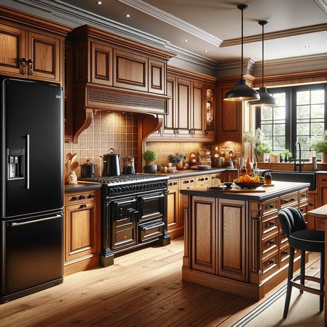 warm walnut kitchen cabinets with black stainless steel appliances Black Stainless Steel Kitchen Appliances, Orange Cabinets, Teal Cabinets, Walnut Kitchen Cabinets, Black Stainless Steel Appliances, Black Stainless Steel Kitchen, Beige Cabinets, Stainless Steel Kitchen Appliances, Mahogany Cabinets