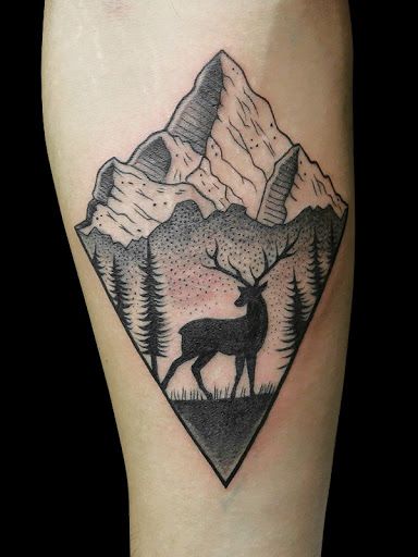 Elk Tattoo, Outline Tattoo, Deer Tattoo, Forest Scenery, Mountain Forest, Mountain Tattoo, Tattoo Idea, Elk, Tatting