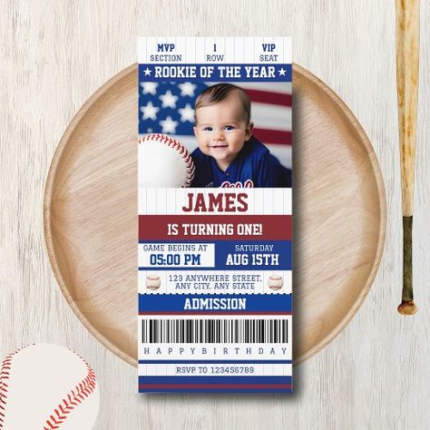 $2.28 | Rookie of the Year 1st Birthday Baseball Ticket - photo, sport themed birthday, first birthday, 1st birthday party invitation sports, rookie of the year, baseball, baseball ticket, boy 1st birthday invitation, unique, red blue white Baseball Ticket Invitation, 1st Birthday Baseball, Baseball Tickets, Baseball Birthday Invitations, Photo Sport, Baseball Theme Birthday, Modern Baseball, Baseball First Birthday, Baseball Ticket