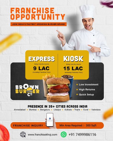 CHALO KUCH AAPNA SHURU KARTE HAI For Brown Burger Co Franchise enquiry, please contact our Business Hotline: 📞 +91 7499986116 #Brownburgerco #investinBrownburgerco #Brownburgercofranchise #chaloaapnakuchshurukartehai #foodfranchise #foodbusinessopportunity #investmentinfood #investmentfoodbusiness #startyourownrestaurant #businessideas #businessowner #investors #businessgrowth #businessfranchiseopportunity #franchisepreneur #franchising #opportunity #investors #investment #business Food Franchise Creative Ads, Franchise Opportunities Poster, Franchise Ads, Franchise Poster Design, Franchise Poster, Franchise Design, Franchise Food, Franchise Business Opportunities, Creative Post