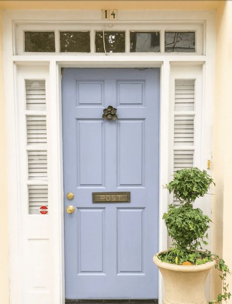 Charleston Front Doors, Pale Blue Front Door, Periwinkle Front Door, Periwinkle Door, White Exterior Door, Southern Colonial Homes, Front Door Transformation, Draw Buildings, Front Door Decor Ideas