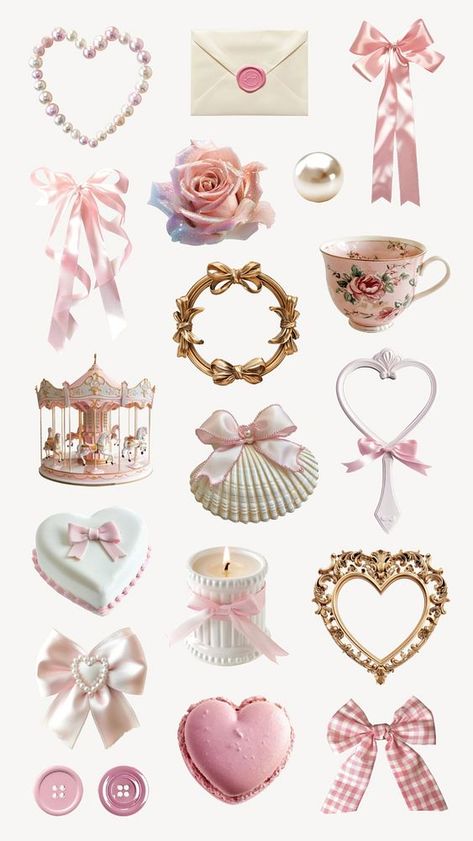 Vintage Icons Rp, Coquette Graphic Design, Pink Cute Stickers, Aesthetic Stickers For Journal, Pink Aesthetic Stickers, Pink Wallpaper Kawaii, Graphic Design Collage, Coquette Collage, Coquette Design