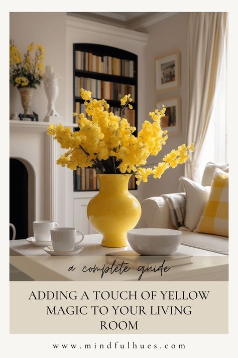 A country home living room decorated in white with yellow accents Decorating With Yellow Accents, Living Room Yellow Accents, Pale Yellow Walls, Ivory Living Room, Yellow Aesthetics, Sanctuary Home Decor, Light Gray Couch, Yellow Accent Chairs, Yellow Accent Walls