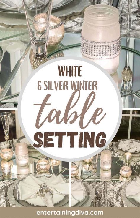 Silver Table Settings Ideas, White And Silver Christmas Table Decor, Silver And White Christmas Table Decor Centerpieces, Silver And White Christmas Table Decor, White And Silver Table Decor, White Plates Table Setting, Silver Christmas Table Settings, Silver Table Decorations, Silver Table Setting