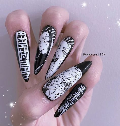 Tokyo Revengers Nails Art, Tokyo Revengers Nails, Anime Themed Nails, Naruto Nails, Witchy Nails, Halloween Acrylic Nails, Gothic Nails, Anime Nails, Goth Nails