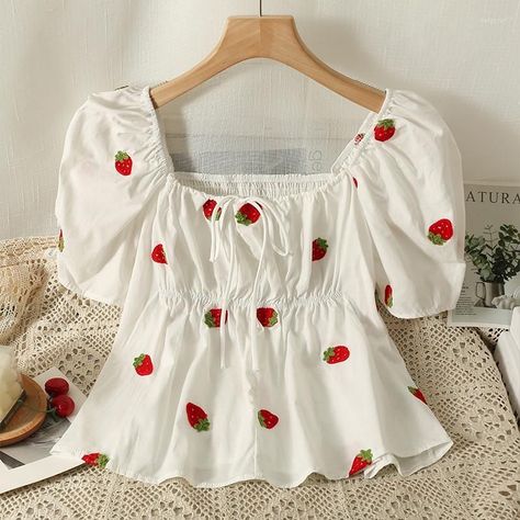 Ladies Frock Design, Indian Crop Tops, Collar White Shirt, Cherry And Strawberry, Cartoon Cherry, Strawberry Embroidery, 2023 Summer Fashion, Modest Dresses Fashion, Women Cartoon