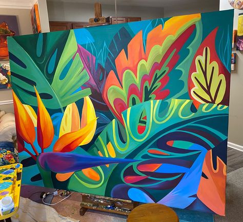 Finished up this 5 x 7' commission today. Can't wait to see it in its new home! #bigart #brookpageart #acrylicpainting #tropicalart #brookpage Cafe Mural, Maya Design, Mural Cafe, Art Deco Paintings, Wall Murals Painted, Black Art Painting, Graffiti Wall Art, Chicano Art, Tropical Art