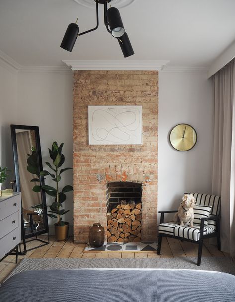 Neutrals Bedroom, Brick Chimney Breast, Exposed Brick Fireplaces, Brick Bedroom, Brick Living Room, Brick Chimney, Neutral Bedrooms, House Deco, Bedroom Renovation