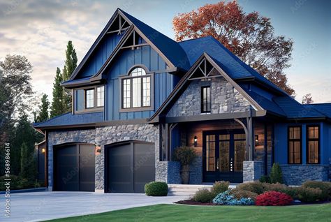 Blue Craftsman Exterior, Blue Craftsman, Blue Houses, Exterior Color Combinations, Industrial Glam, Exterior Houses, Nice Homes, Amazing Homes, Craftsman Exterior