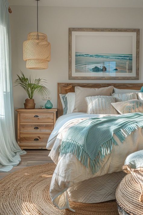 29 Beachy Boho Bedroom Ideas for a Serene Coastal Escape 11 Beachy Boho Bedroom, Key West Decor, Boho Coastal Bedroom, Ocean Room Decor, Beach House Room, Beachy Bedroom, Teal Bedroom, Glass Pebbles, Boho Bedroom Ideas