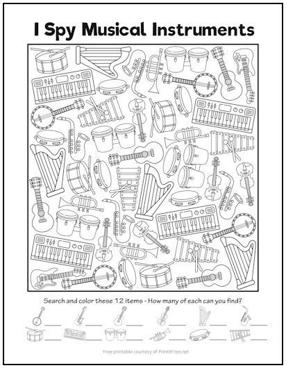 This free printable “I Spy” music-themed picture activity features guitars, harps, keyboards, drums, saxophones, and more. Have your child count each item and record the count below the picture, coloring each item as he counts. Not only are these “I Spy” activities fun, they’re educational! I Spy Activities, Music Class Worksheets, Free Music Theory Worksheets, Spy Activities, Music Coloring Sheets, Free Music Worksheets, Tempo Music, Music Activities For Kids, Music Class Activities